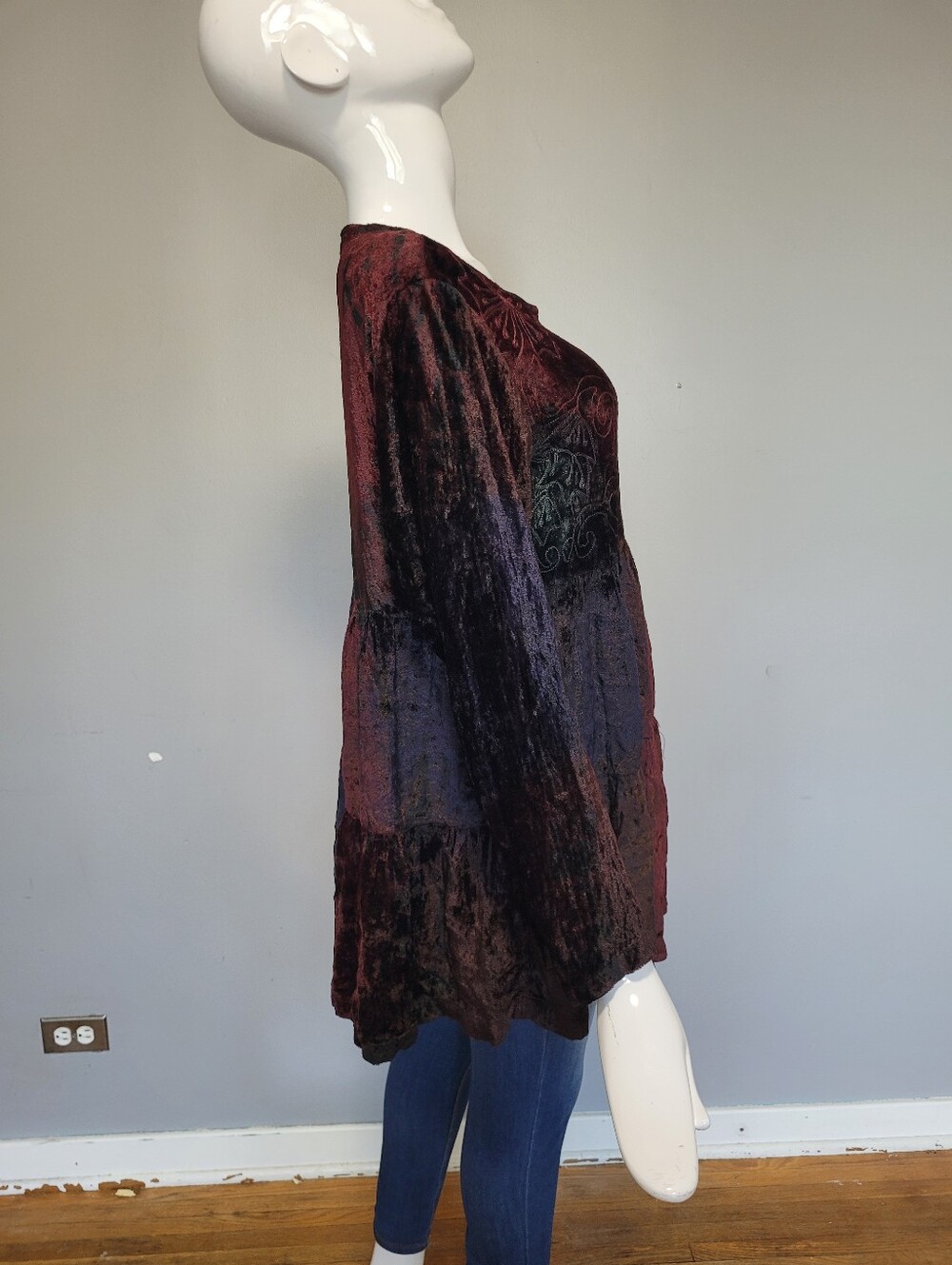 Vintage Le Château Velvet Patchwork Babydoll Tunic, Size S - Picture 3 of 9